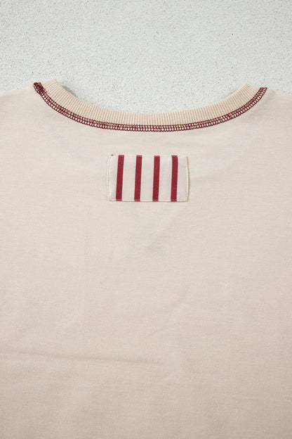 Cream and rust striped sleeve patchwork top