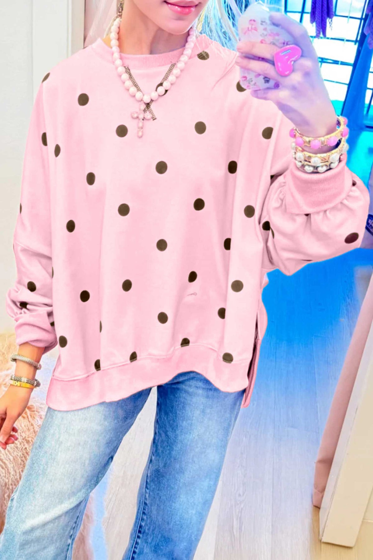 Strawberry Mocha pink and brown polka dot oversized sweatshirt