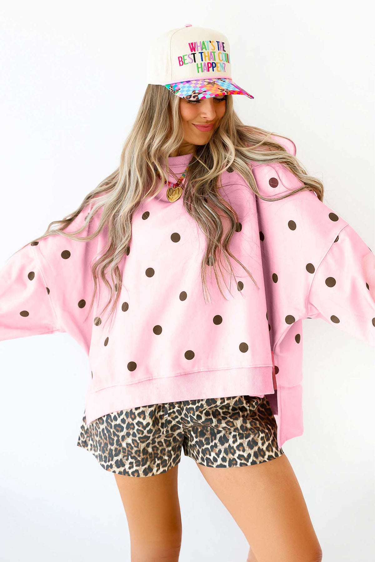 Strawberry Mocha pink and brown polka dot oversized sweatshirt