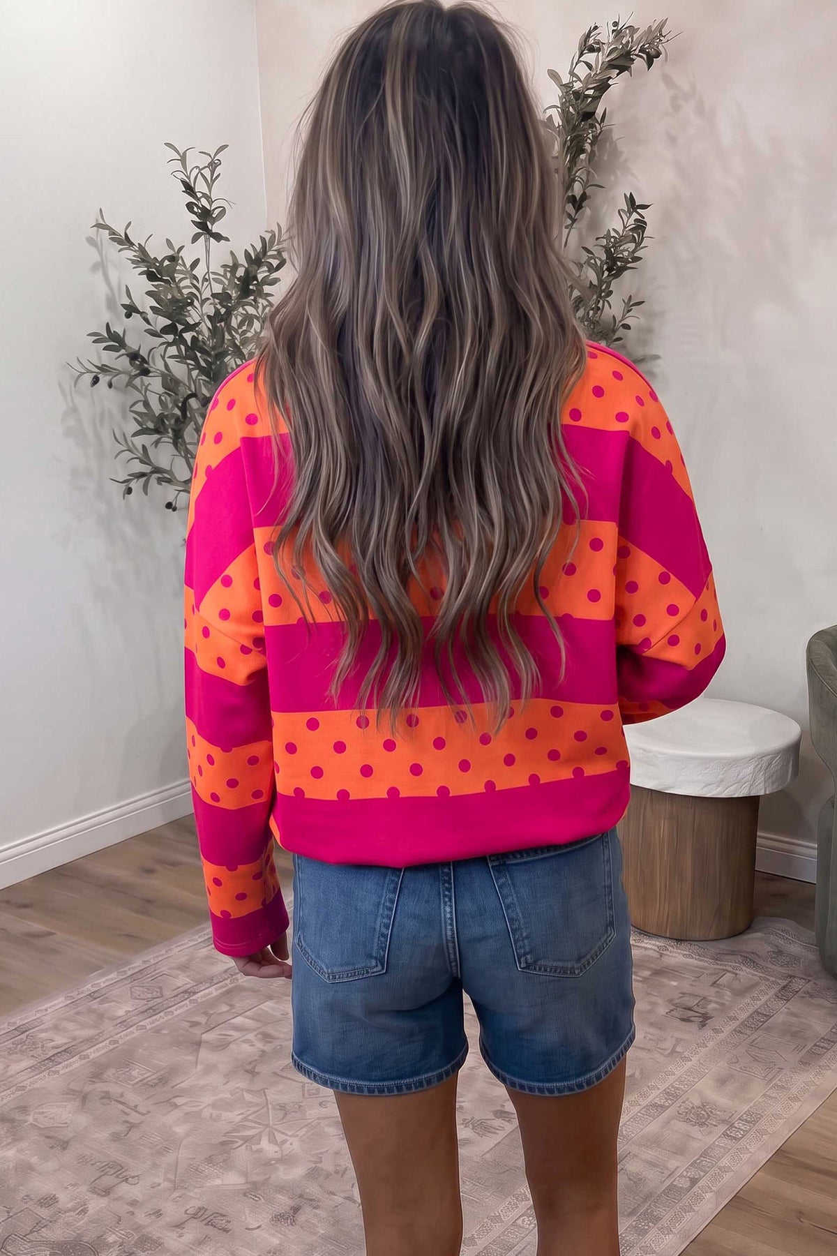 Peachy Keen pink and orange polka dot quarter zip pullover