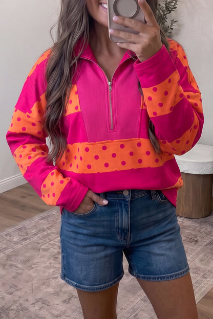 Peachy Keen pink and orange polka dot quarter zip pullover