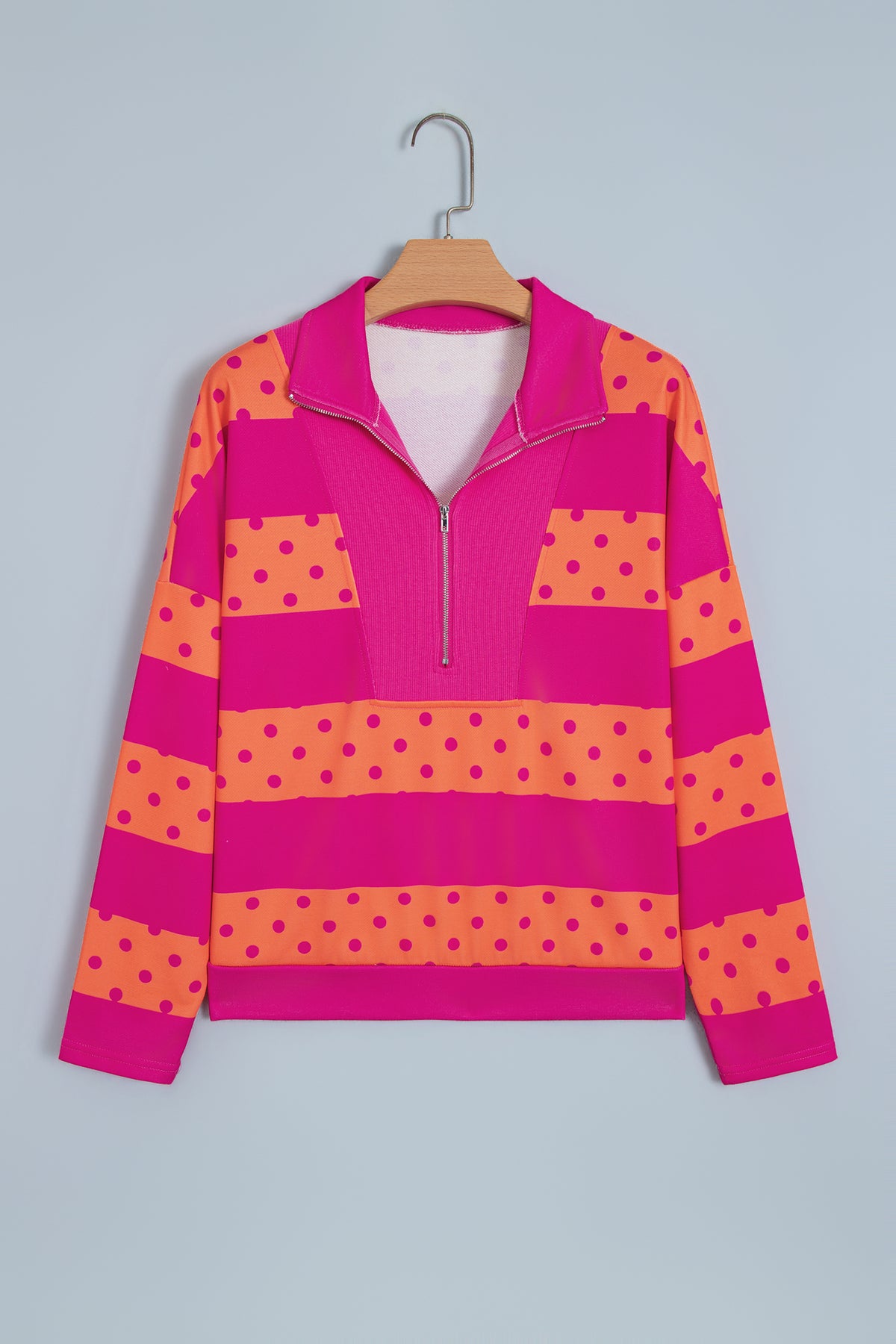 Peachy Keen pink and orange polka dot quarter zip pullover