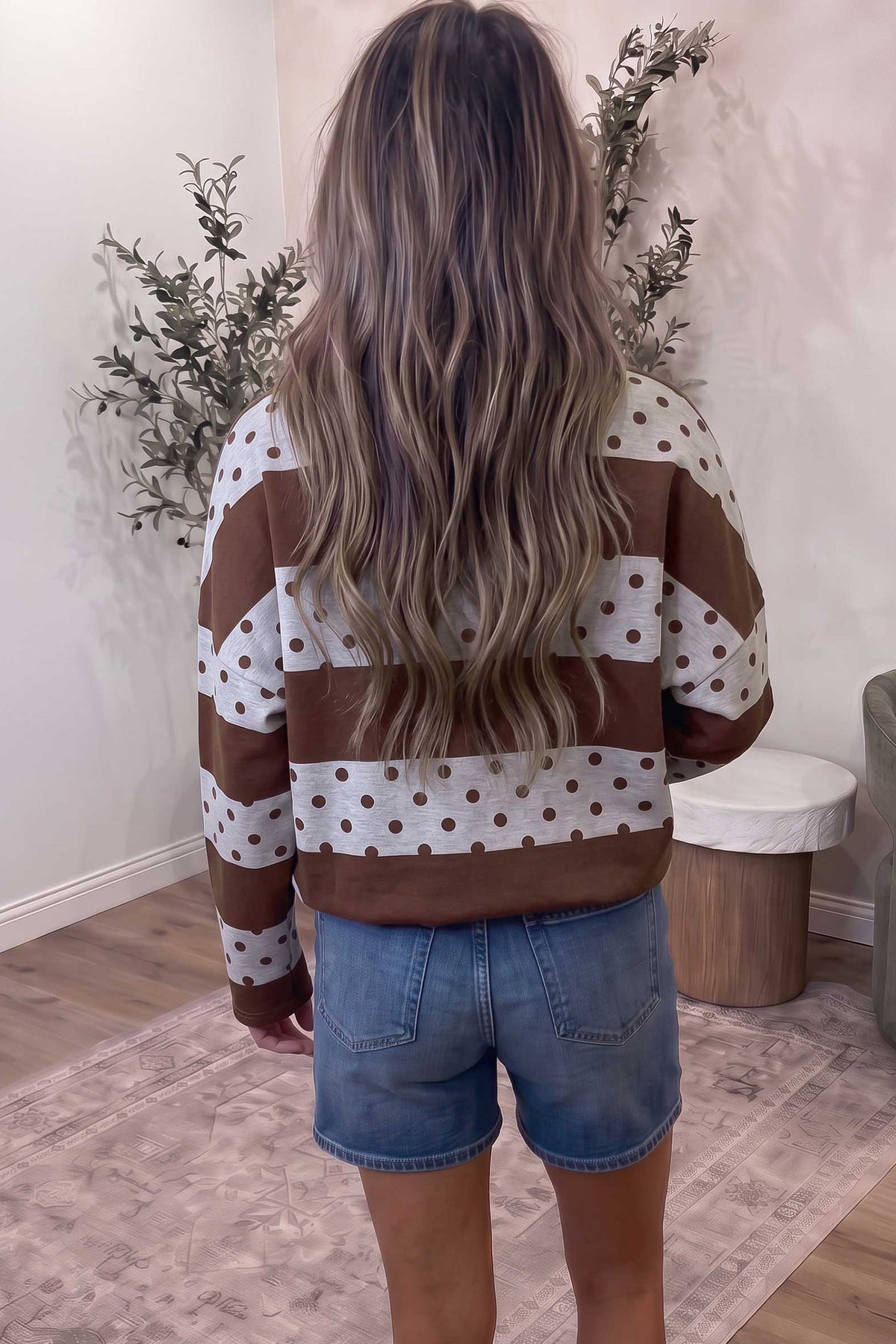 Sweet Spot brown and white polka dot quarter zip pullover