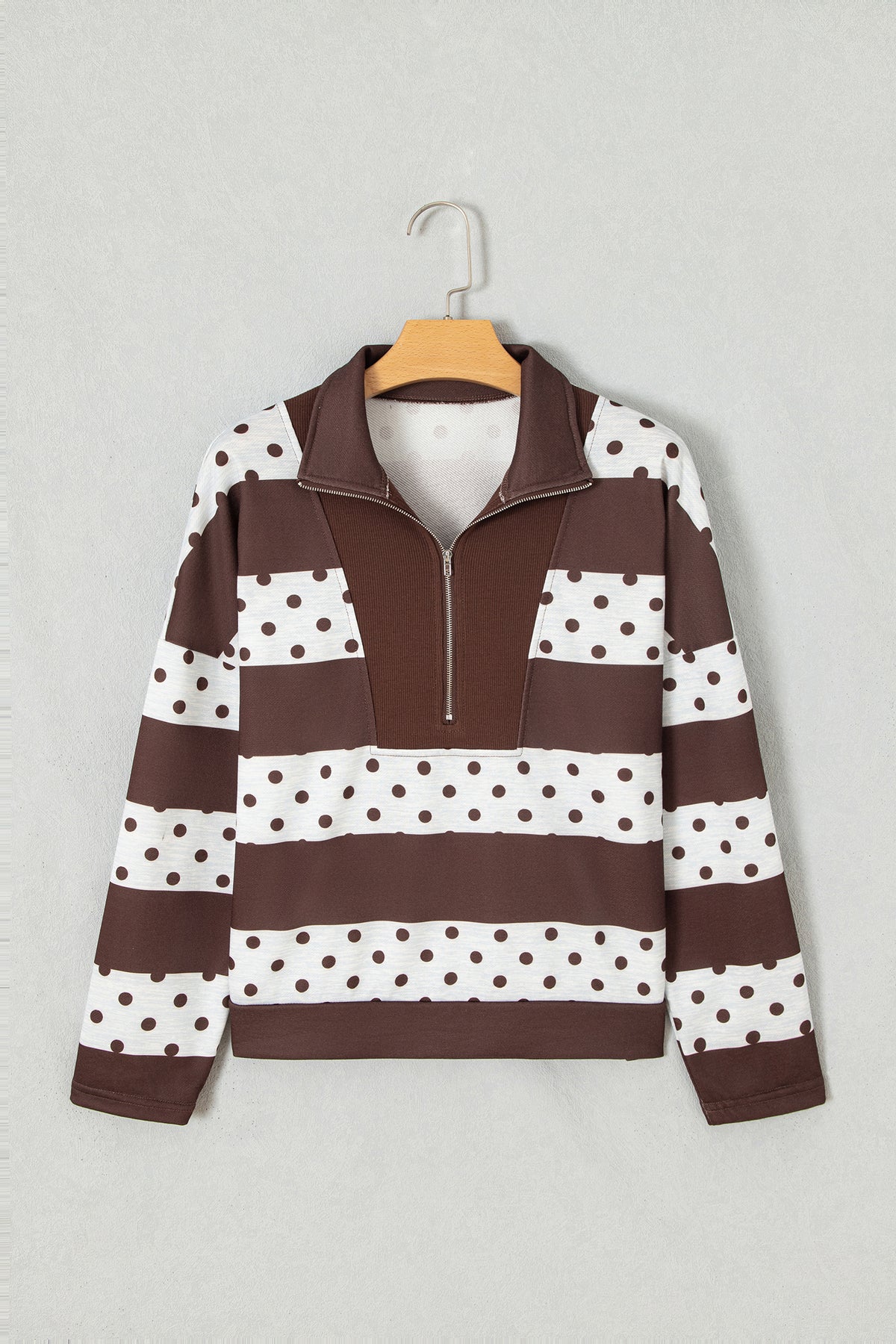 Sweet Spot brown and white polka dot quarter zip pullover
