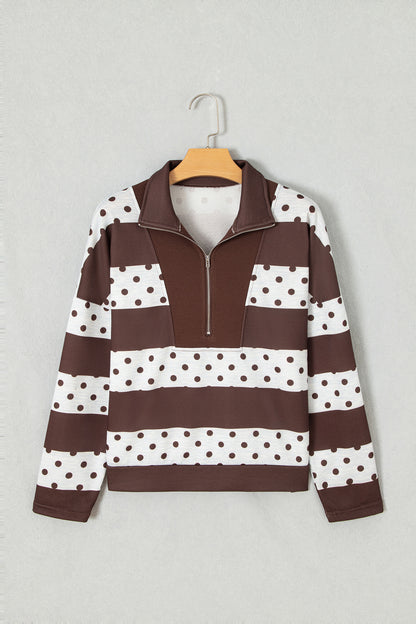 Sweet Spot brown and white polka dot quarter zip pullover