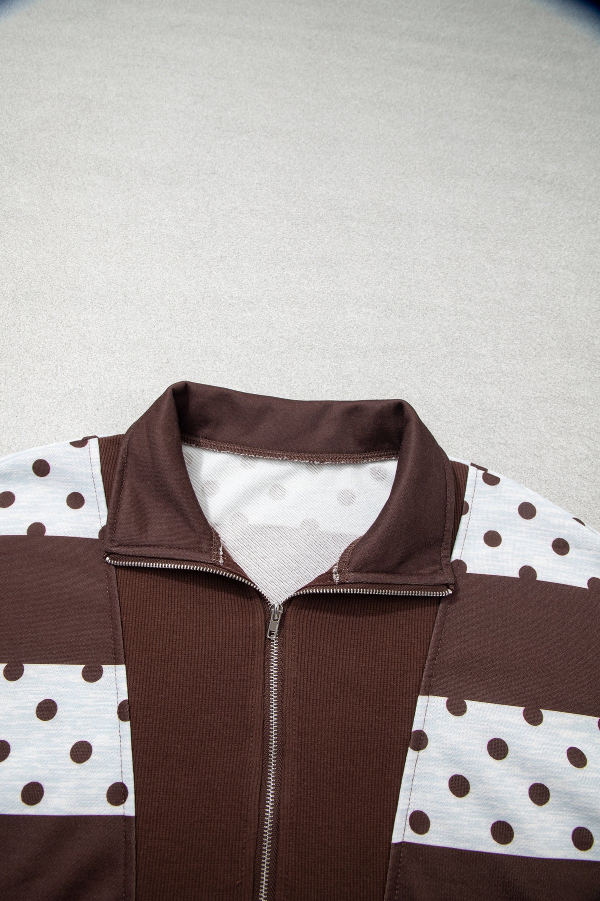 Sweet Spot brown and white polka dot quarter zip pullover