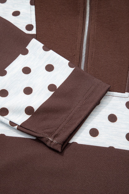 Sweet Spot brown and white polka dot quarter zip pullover