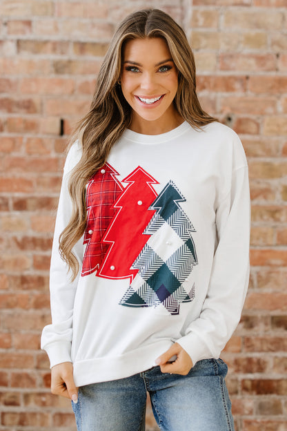 Christmas Charm plaid tree and pearl accent sweatshirt