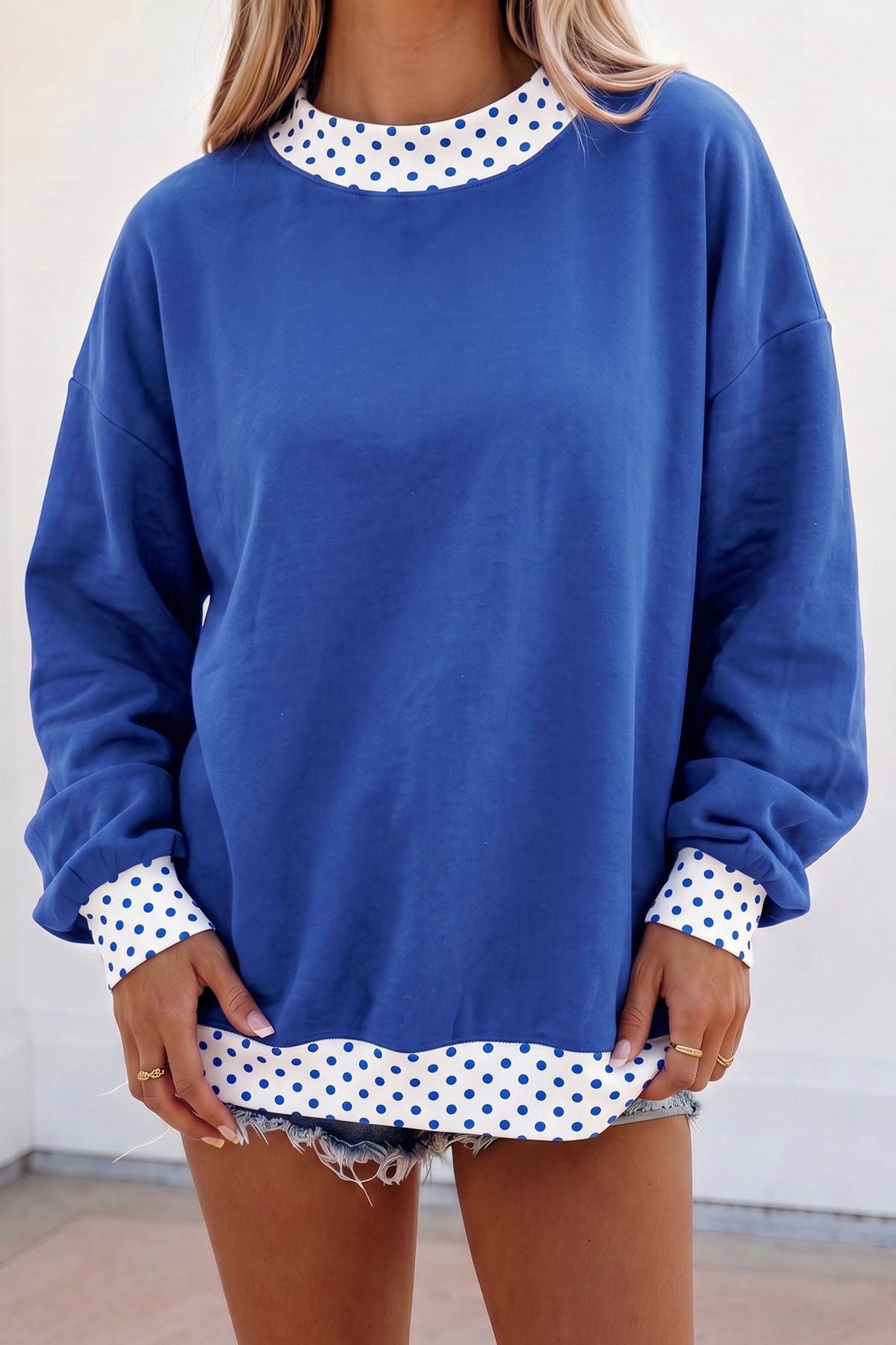 Dottie Days royal blue polka dot colorblock pullover