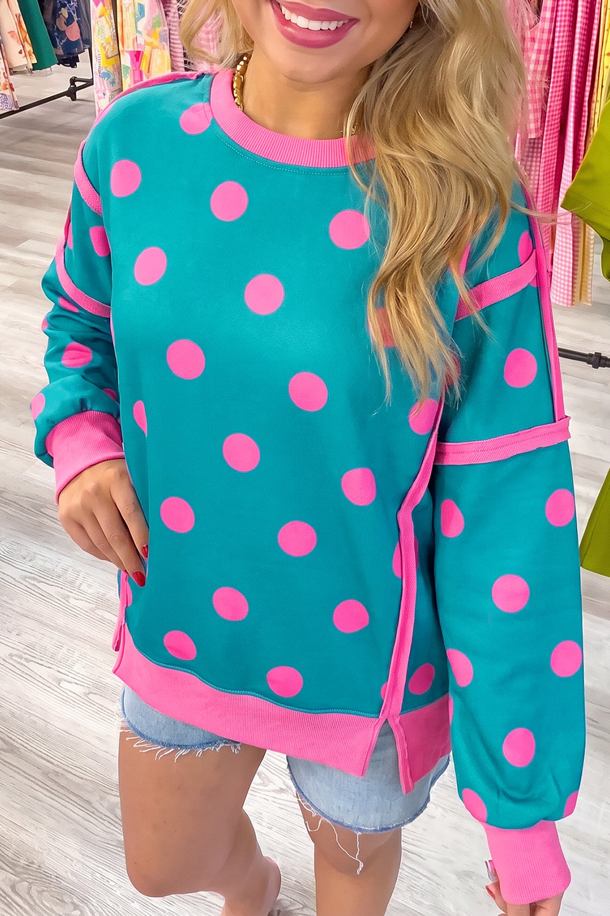 Poppy Dot teal and pink colorblock pullover