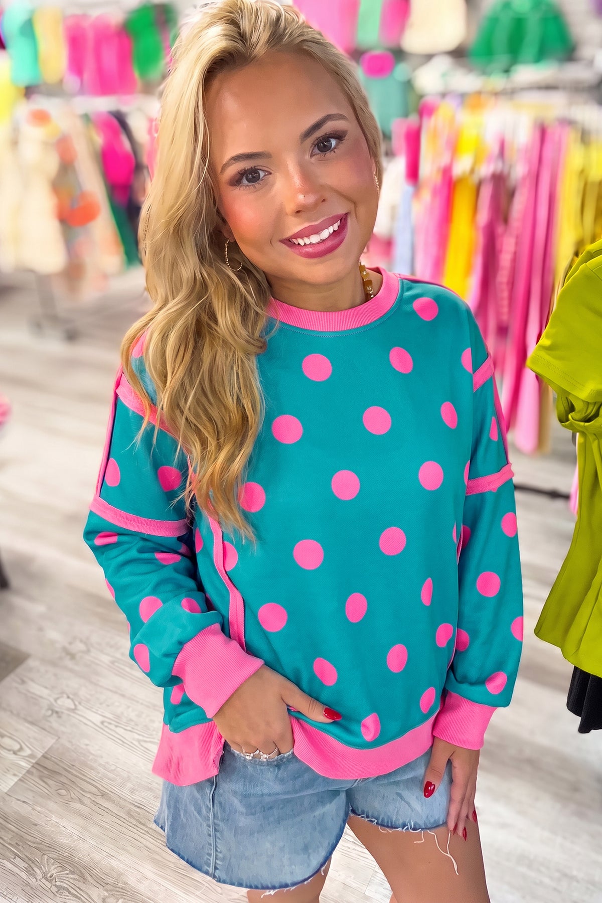 Poppy Dot teal and pink colorblock pullover