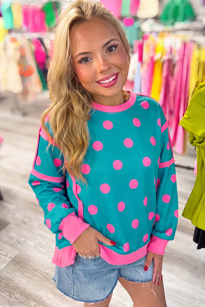 Poppy Dot teal and pink colorblock pullover