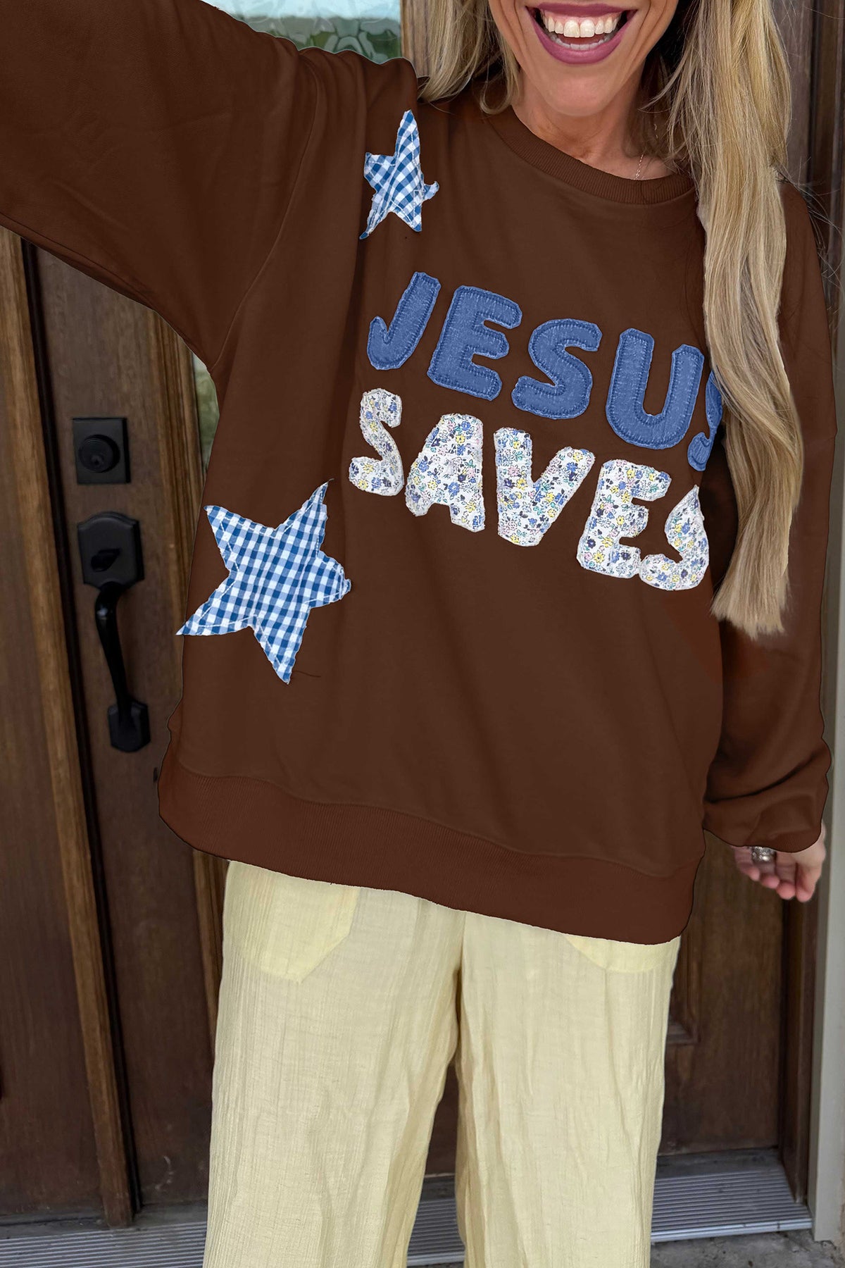 Faithfully Yours Jesus Saves patchwork sweatshirt
