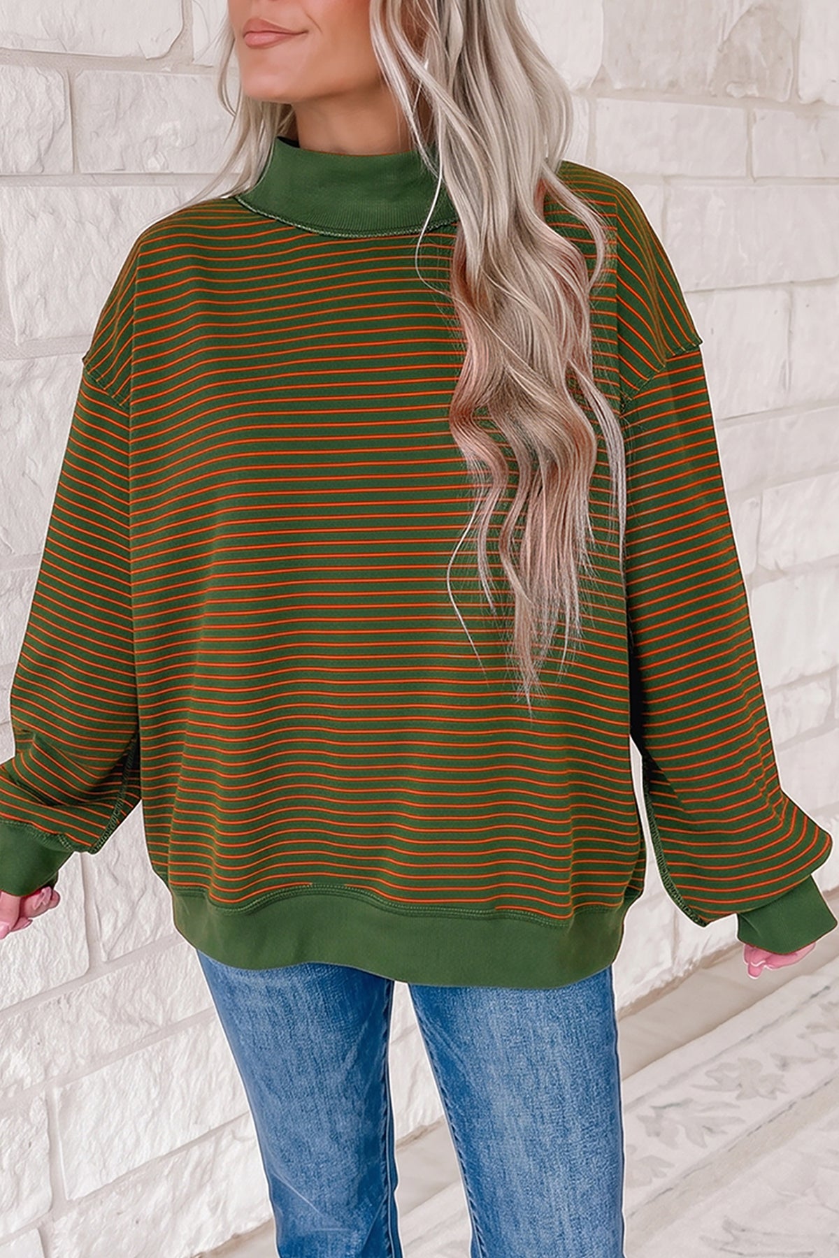 Autumn Days green and orange striped mock neck pullover