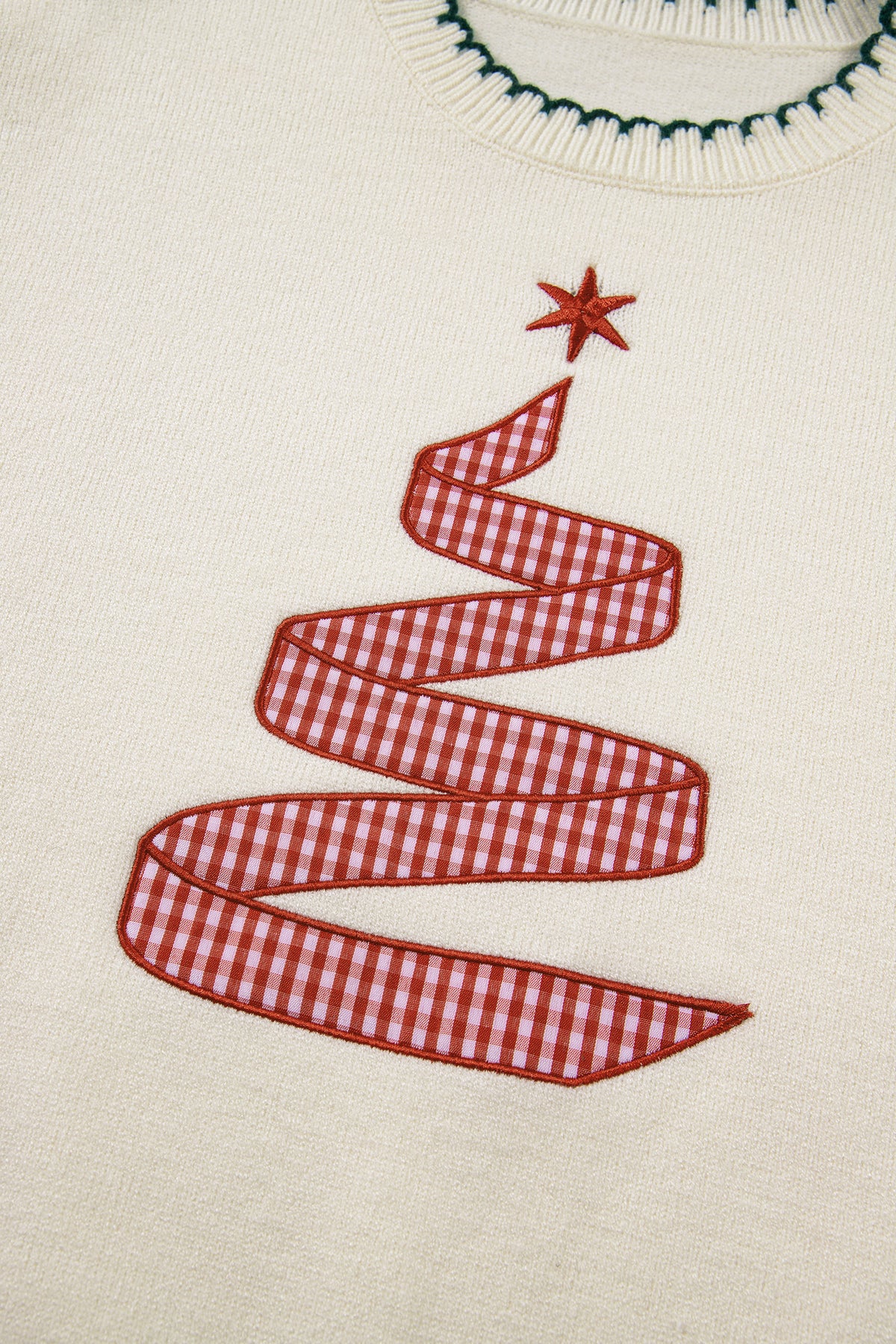 Merry and Bright plaid ribbon Christmas tree knit sweater