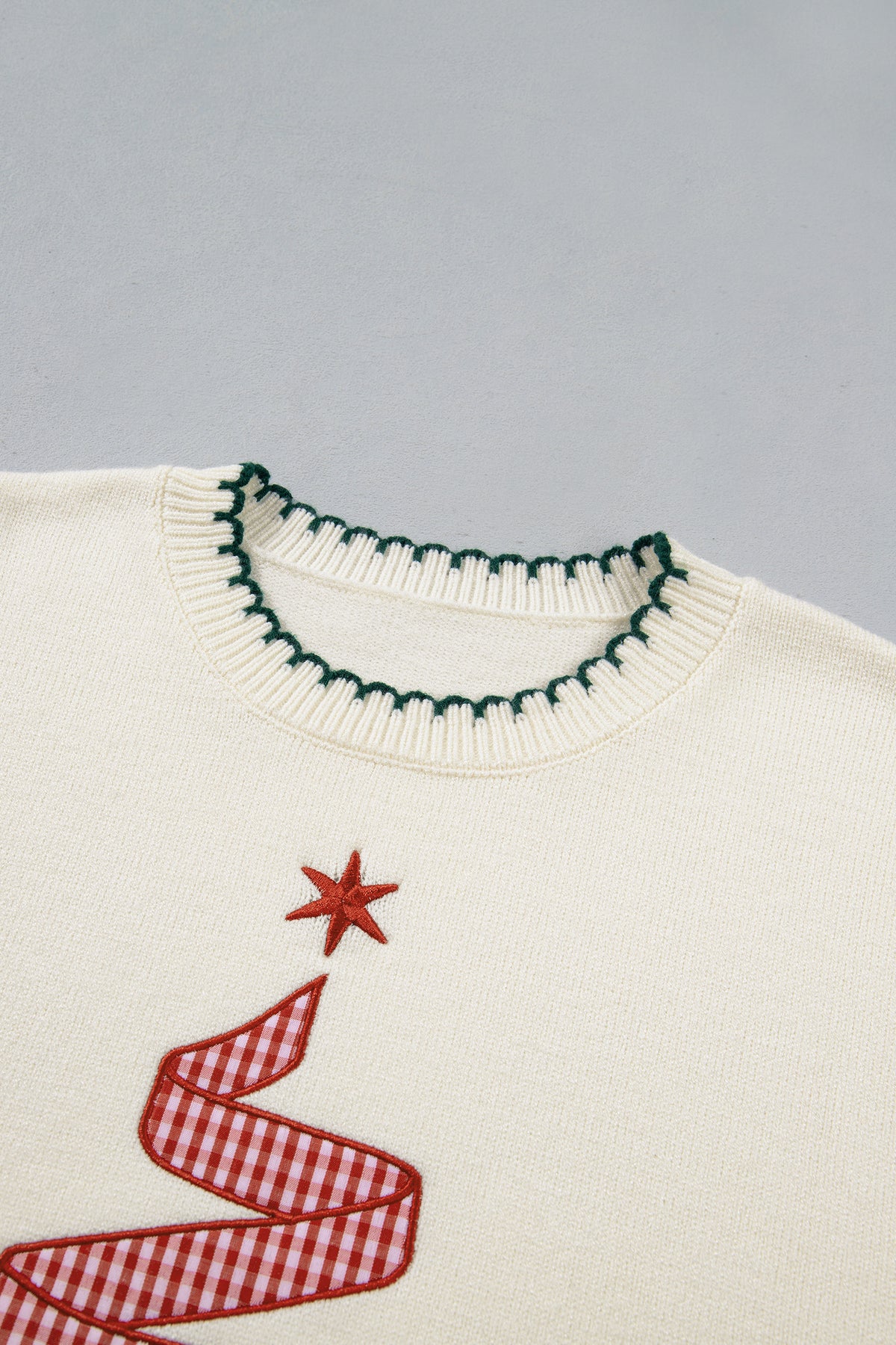 Merry and Bright plaid ribbon Christmas tree knit sweater