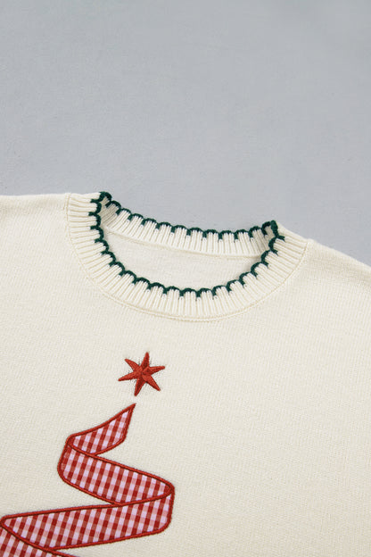 Merry and Bright plaid ribbon Christmas tree knit sweater
