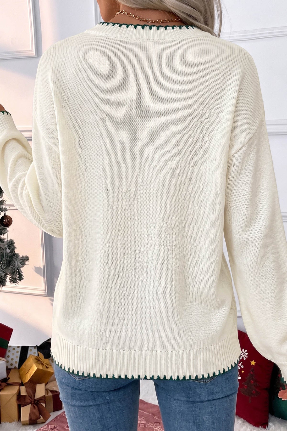 Merry and Bright plaid ribbon Christmas tree knit sweater