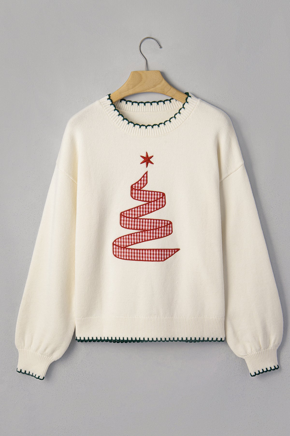 Merry and Bright plaid ribbon Christmas tree knit sweater