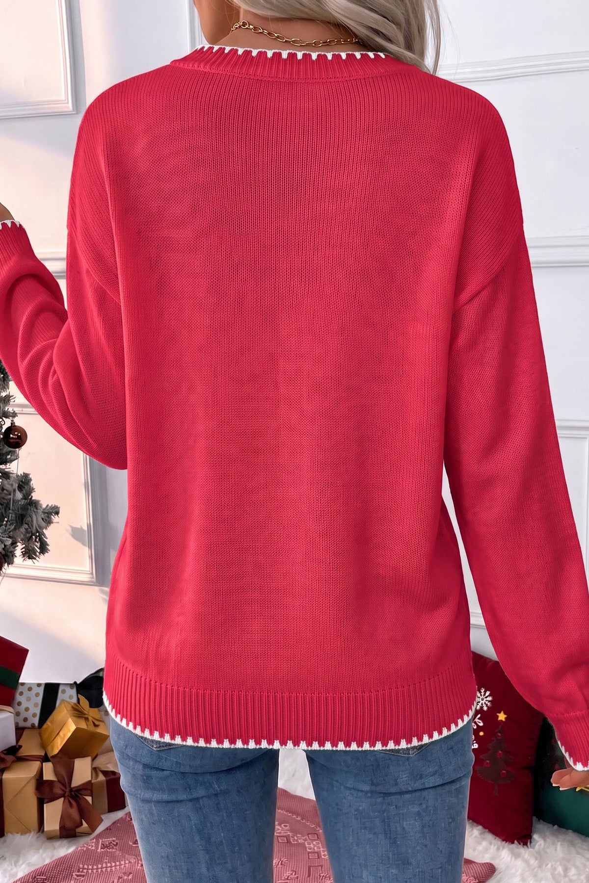 Merry and Bright plaid ribbon Christmas tree knit sweater
