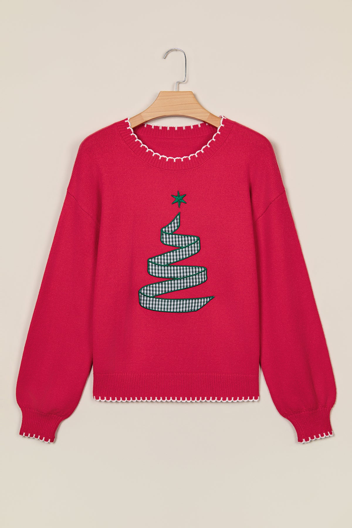 Merry and Bright plaid ribbon Christmas tree knit sweater