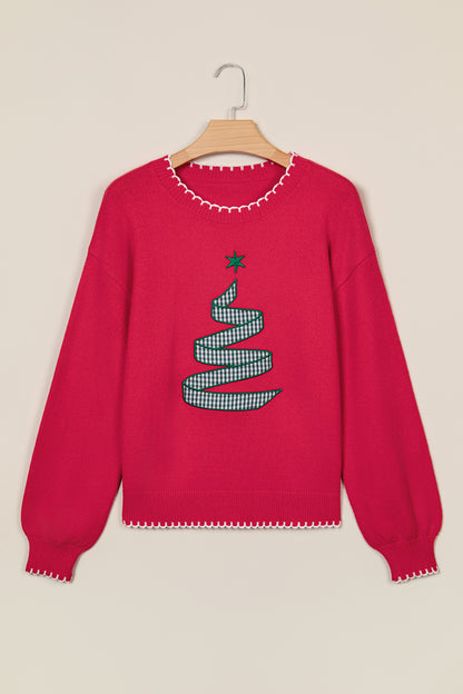 Merry and Bright plaid ribbon Christmas tree knit sweater