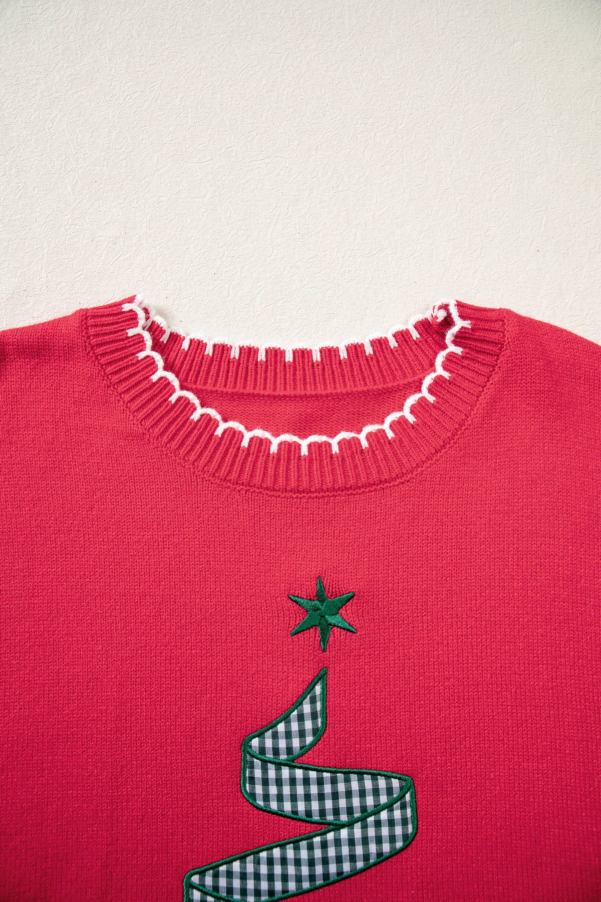 Merry and Bright plaid ribbon Christmas tree knit sweater