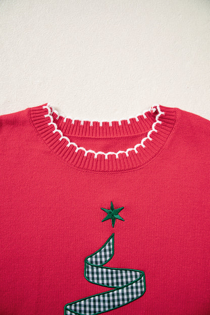 Merry and Bright plaid ribbon Christmas tree knit sweater