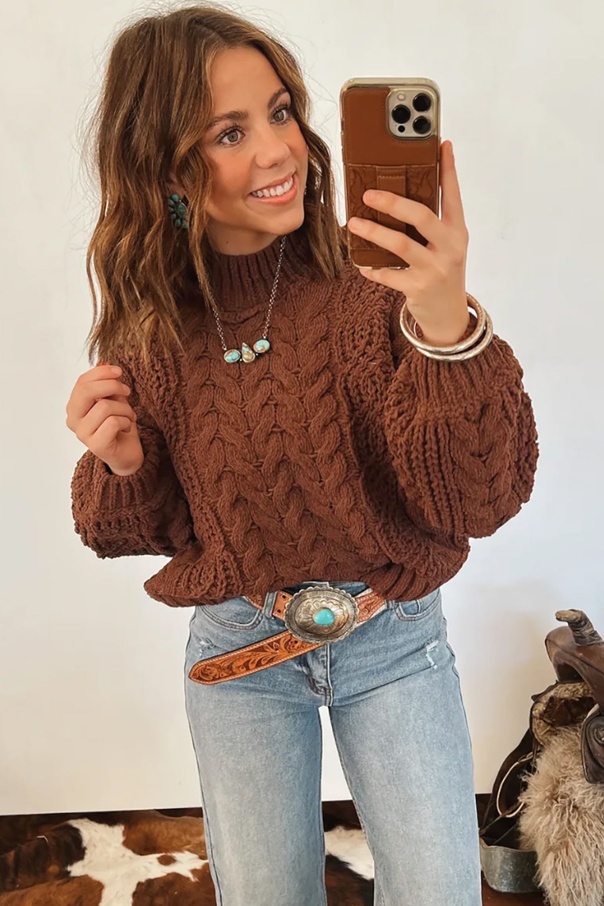 Rustic Charm chocolate brown cable knit sweater