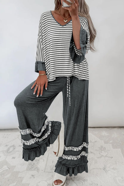 Chic and Cozy striped ruffle two-piece lounge set