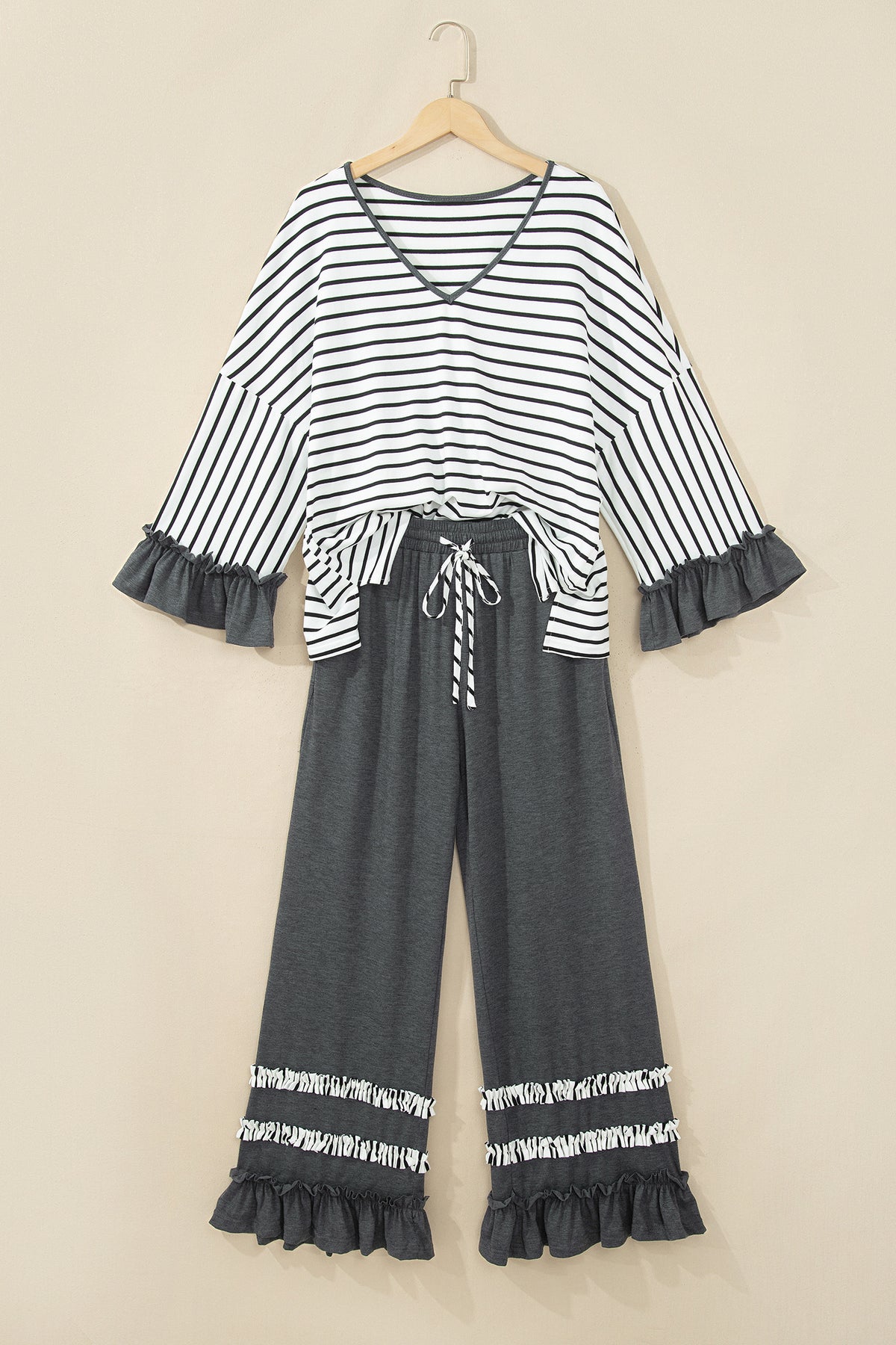 Chic and Cozy striped ruffle two-piece lounge set