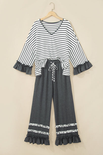 Chic and Cozy striped ruffle two-piece lounge set