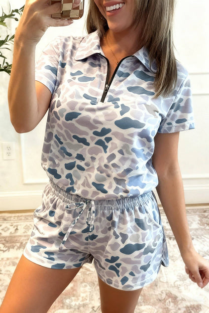 Multicolour Abstract Patterned Polo Collar T Shirt and Shorts Set