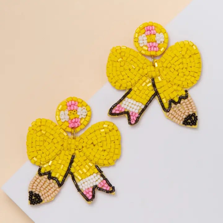 Pencil with Pink Bow Seed Beaded Post Dangle Earrings
