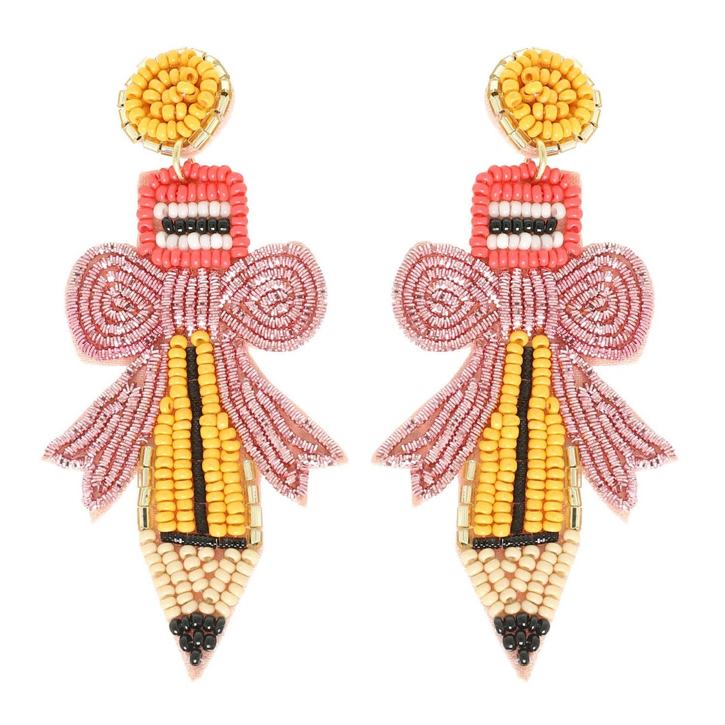 Pencil with Pink Bow Seed Beaded Post Dangle Earrings