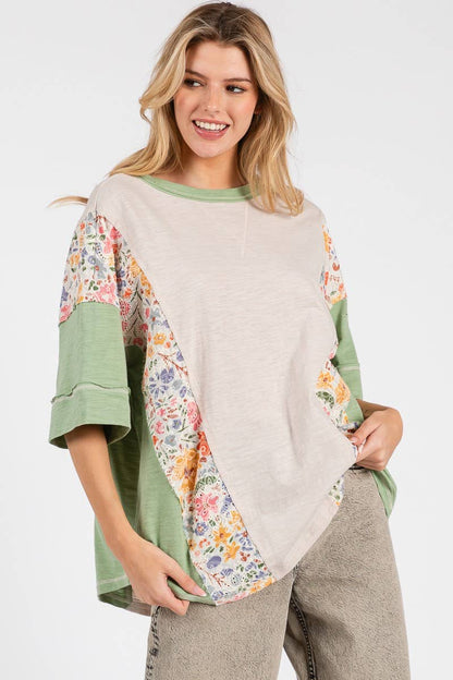WASHED FLORAL PATCHWORK OVERSIZED CONTRAST TEE