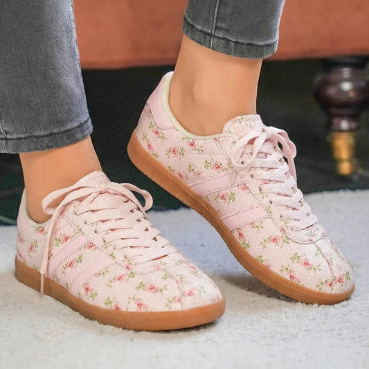 Light Pink Floral Print Lace-Up PU Leather Flat Shoes