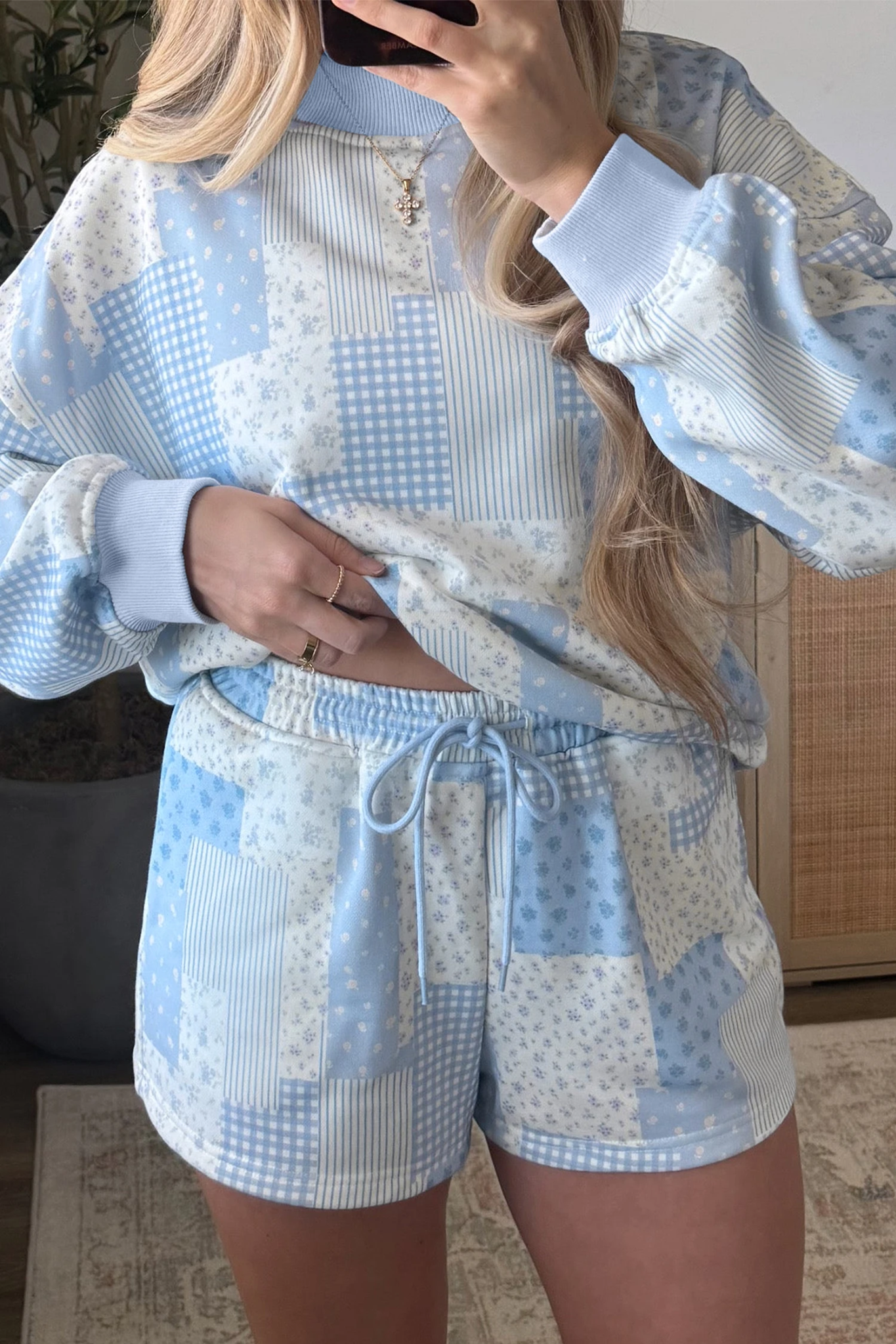 Blue Belle Patchwork Sweatshirt & Shorts Set