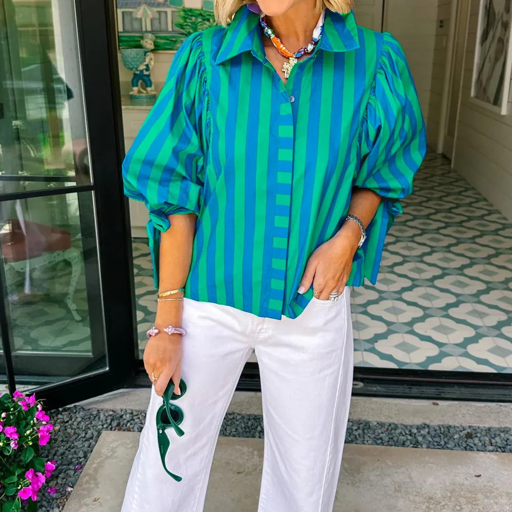 Blue Stripe Tie Puff Sleeve Women's Button Down Shirt