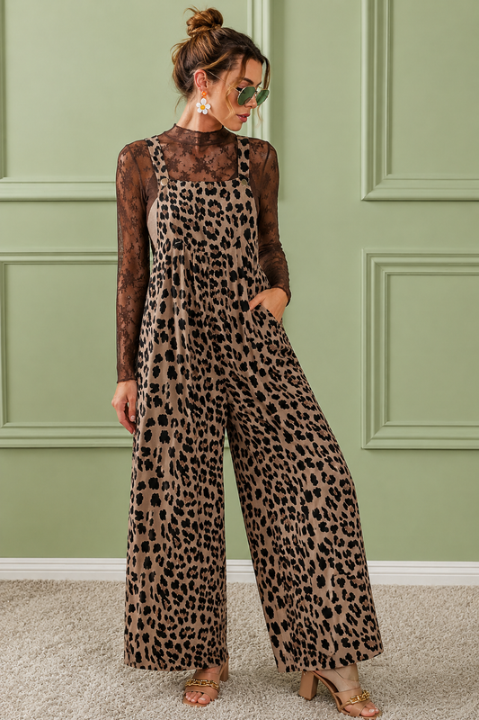 Leopard Print Wide Leg Overalls