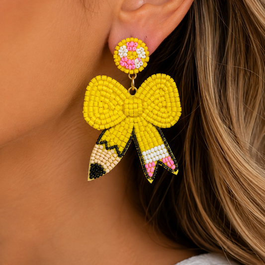 Yellow Beaded Pencil Bow Teacher Earrings | Handmade School Statement Earrings