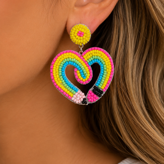 Beaded Rainbow Heart Teacher Earrings | Handmade Colorful School Earrings