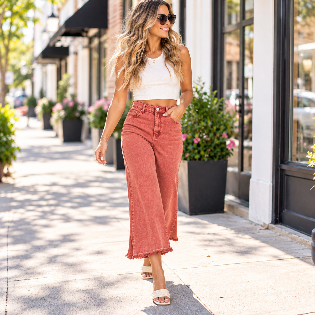 High Rise Washed Crop Wide Leg Jeans