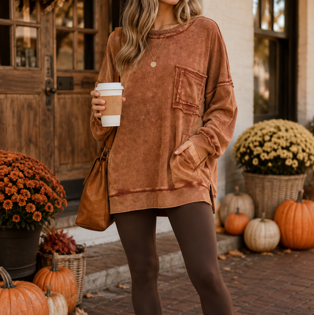 Zenana French Terry Acid Wash Raw Edge Front Pocket Pullover | Oversized Sweatshirt