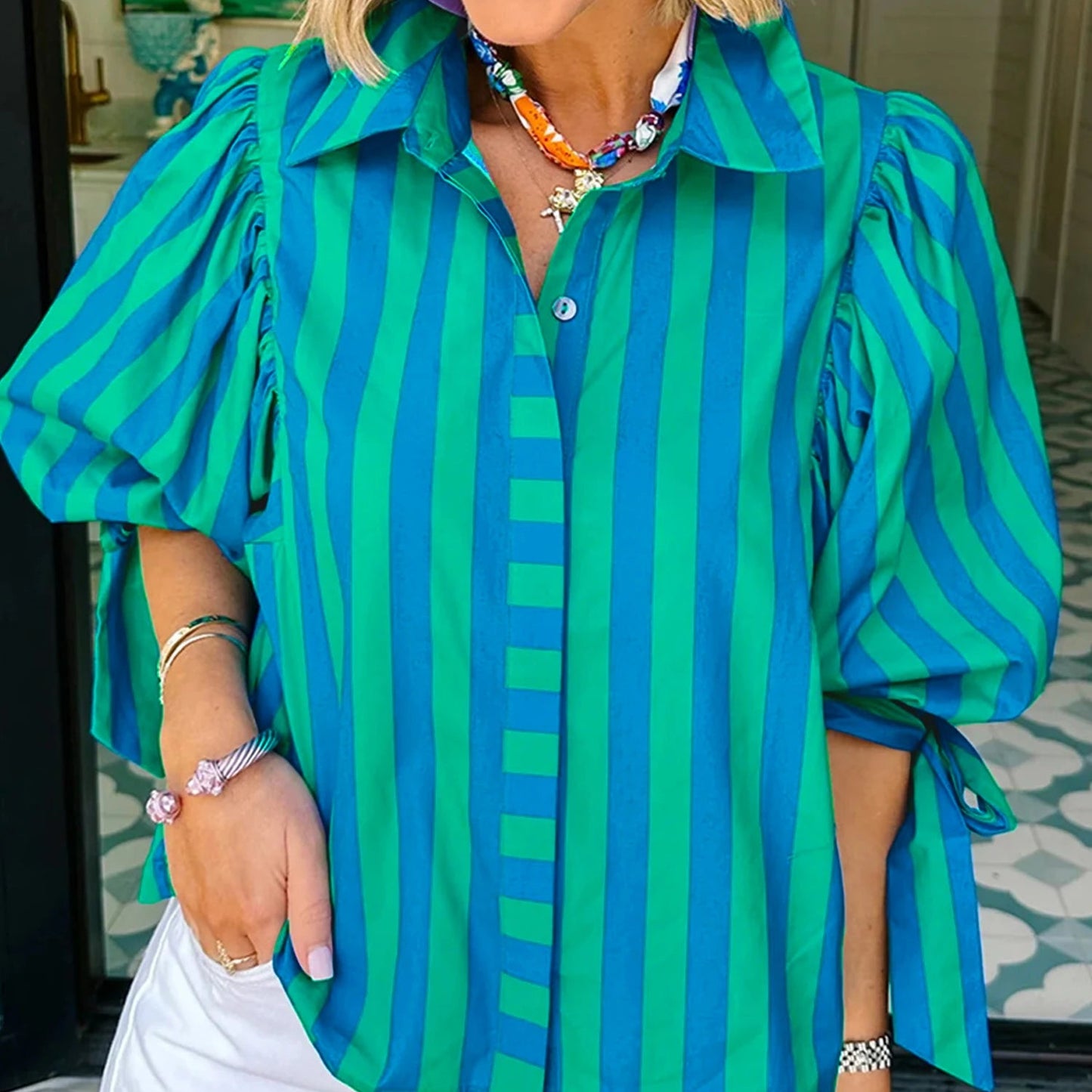 Blue Stripe Tie Puff Sleeve Women's Button Down Shirt