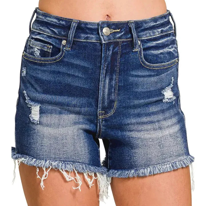 Zenana Dark Wash Raw Frayed Hem Denim Shorts
