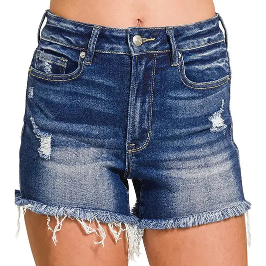Zenana Dark Wash Raw Frayed Hem Denim Shorts