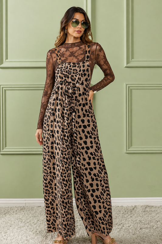Leopard Print Wide Leg Overalls