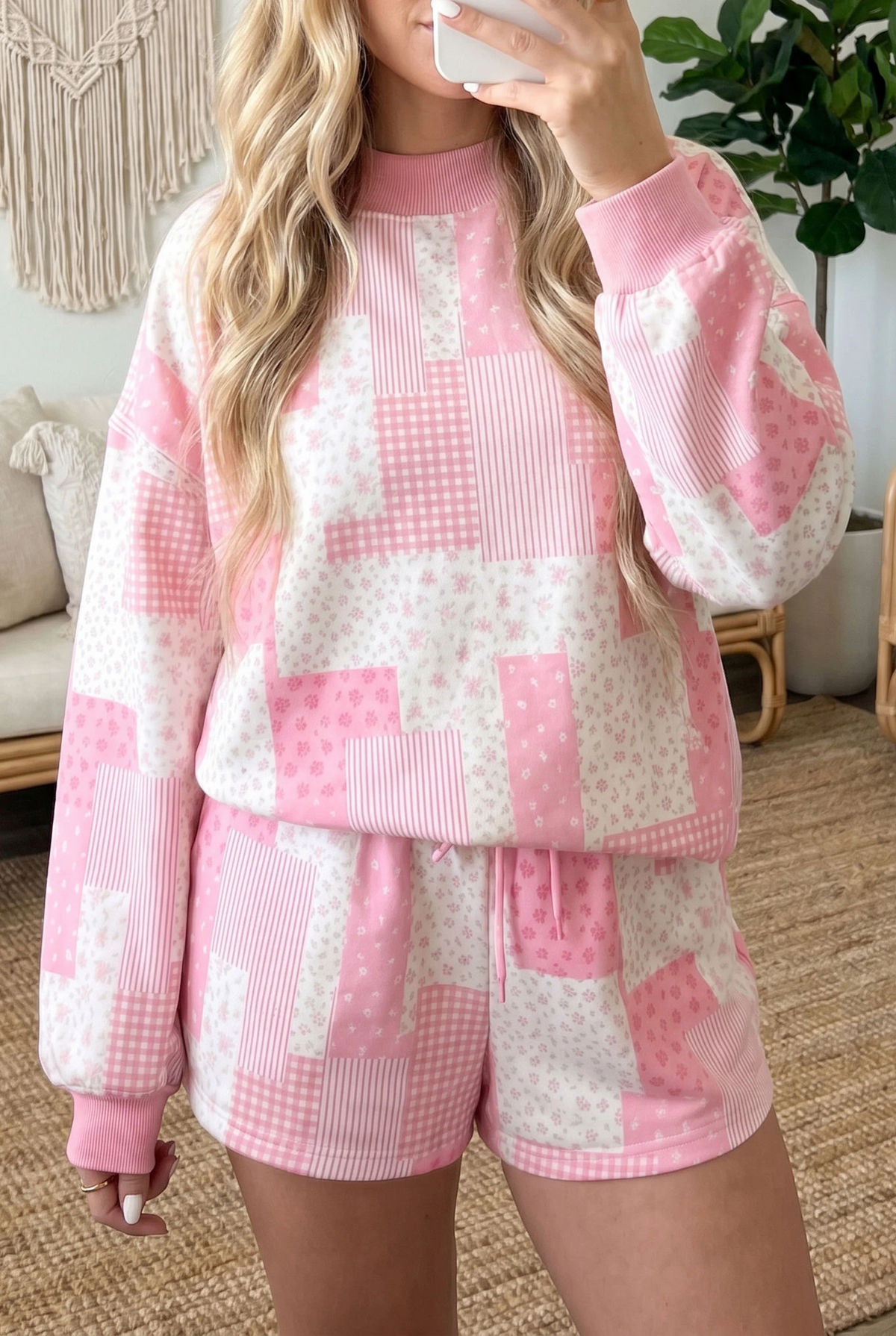 Blushing in Patchwork Pink Floral Sweatshirt & Shorts Set