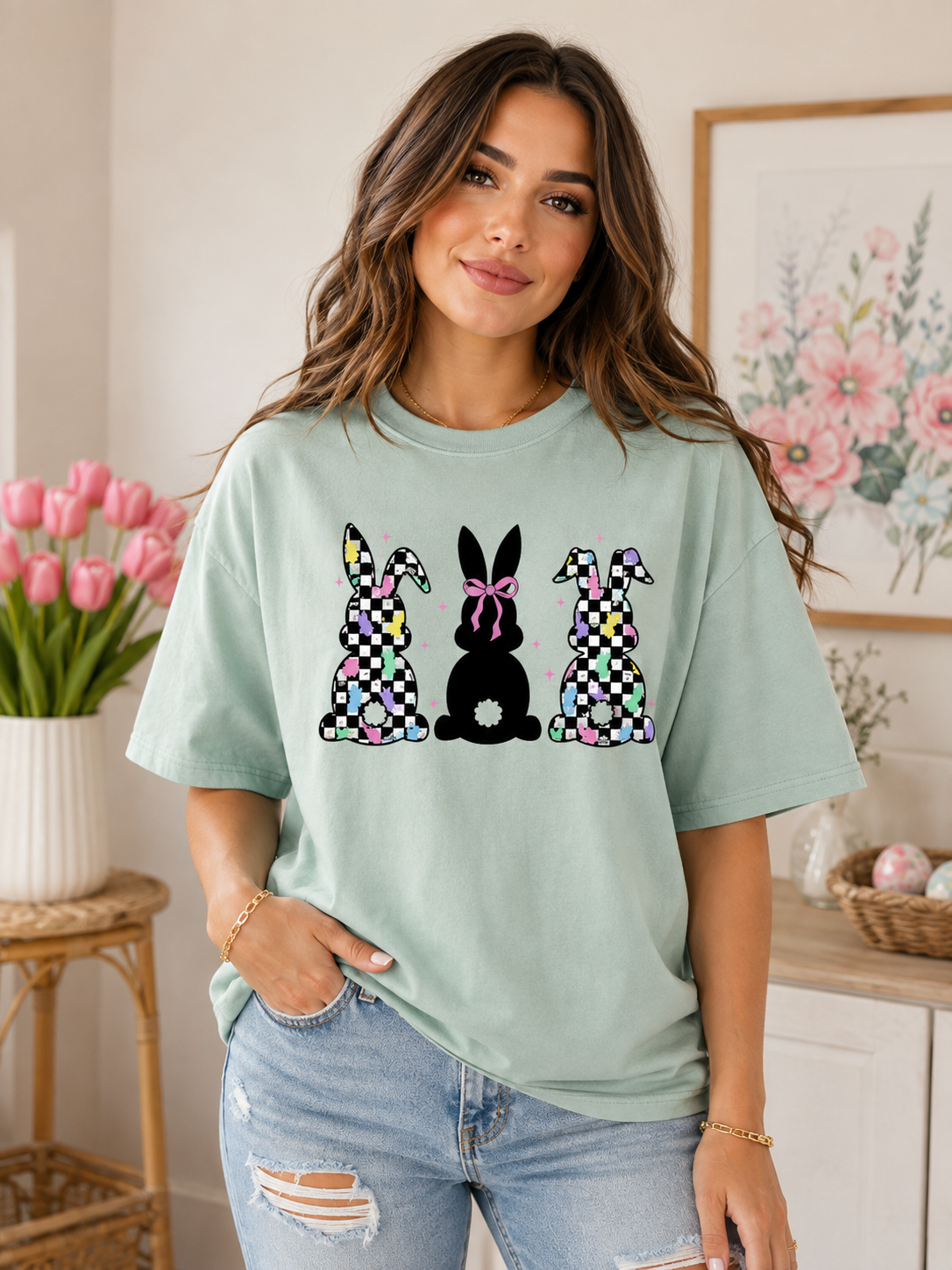 Three Retro Checkered Bunnies